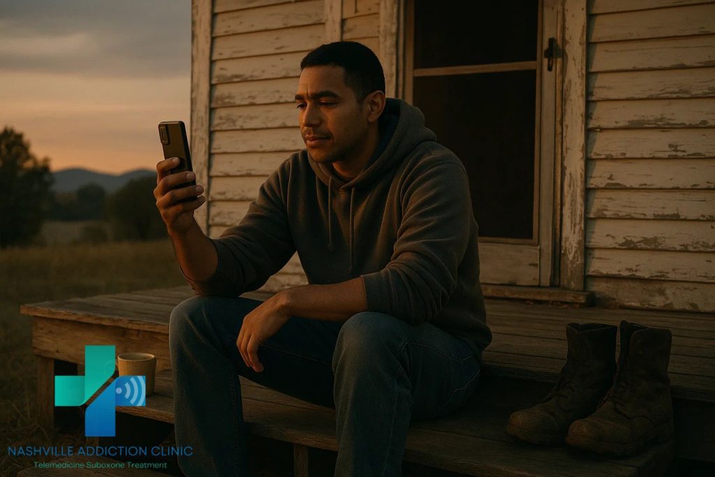 Man in Tennessee on porch at sunset holding smartphone during telehealth call about kratom addiction treatment.