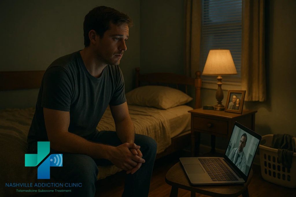 Young man attending a telehealth Suboxone appointment from home, representing Nashville Addiction Clinic’s accessible online Suboxone treatment.