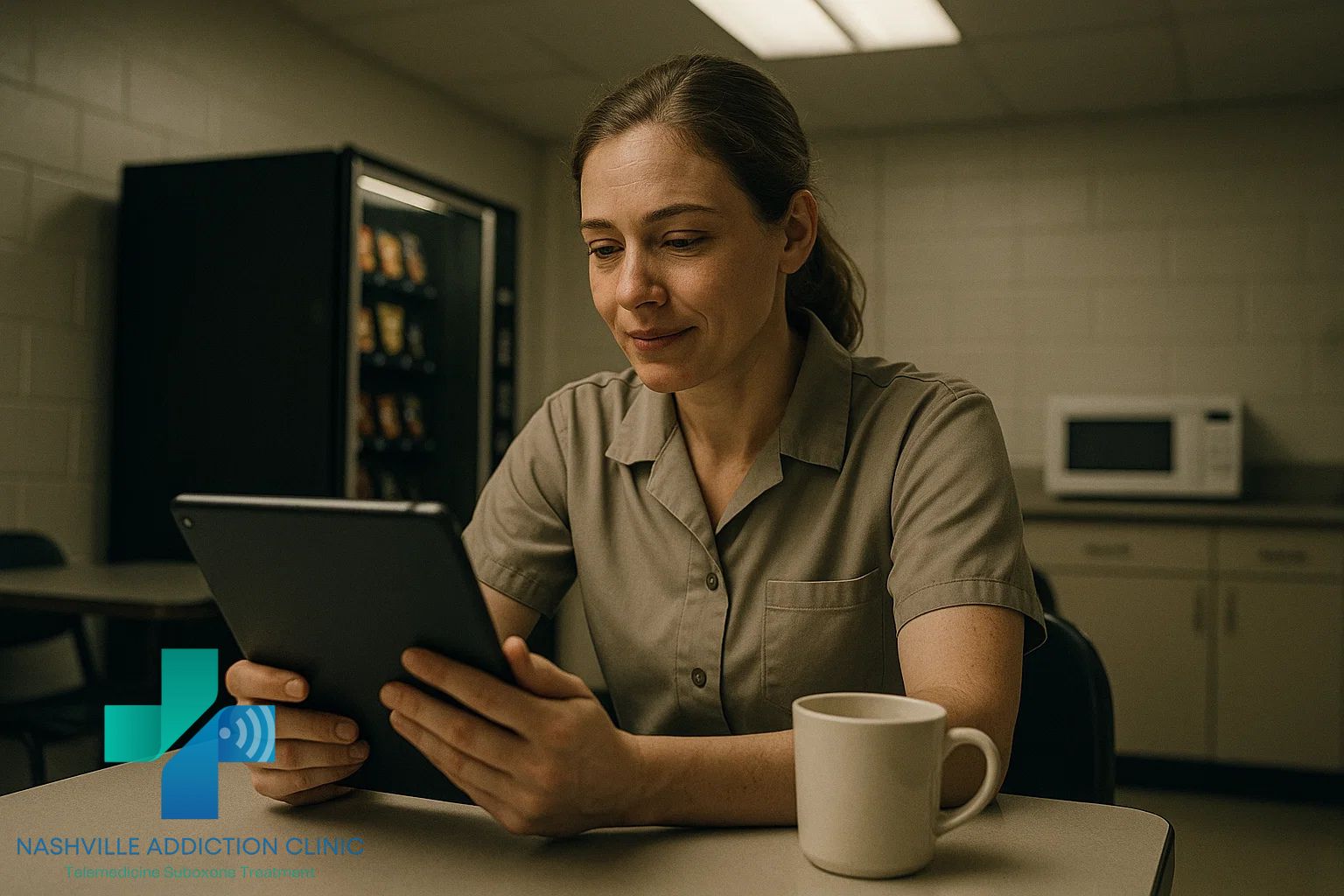 Working woman on a tablet during a virtual Suboxone telehealth call in a workplace break room, symbolizing determination and recovery.