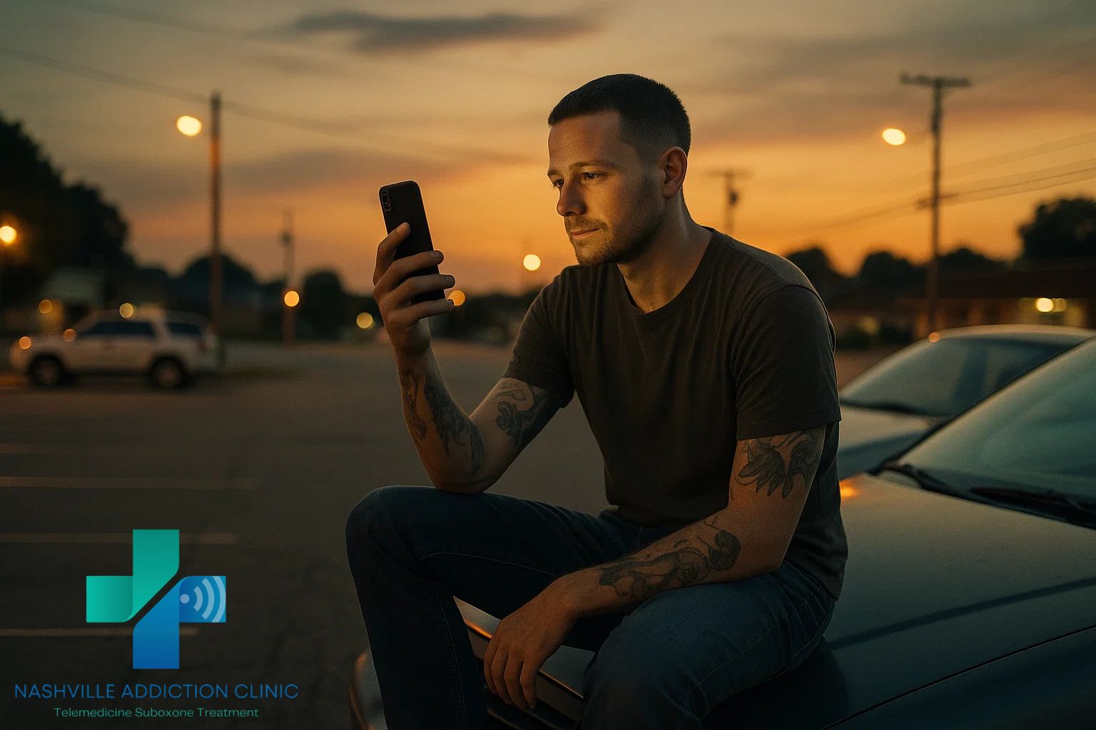 Tattooed man sits on car hood during sunset in Tennessee, using his phone for a telemedicine Suboxone appointment to beat kratom addiction.