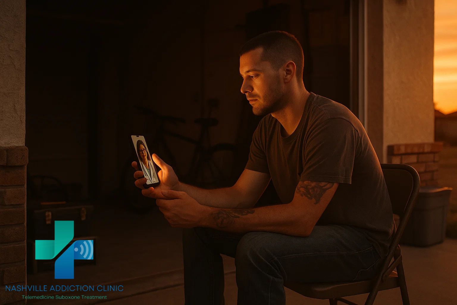 Man in his 30s sitting outside a garage at sunset, holding a phone for a telehealth Suboxone session, symbolizing hope and recovery from kratom addiction in Tennessee.