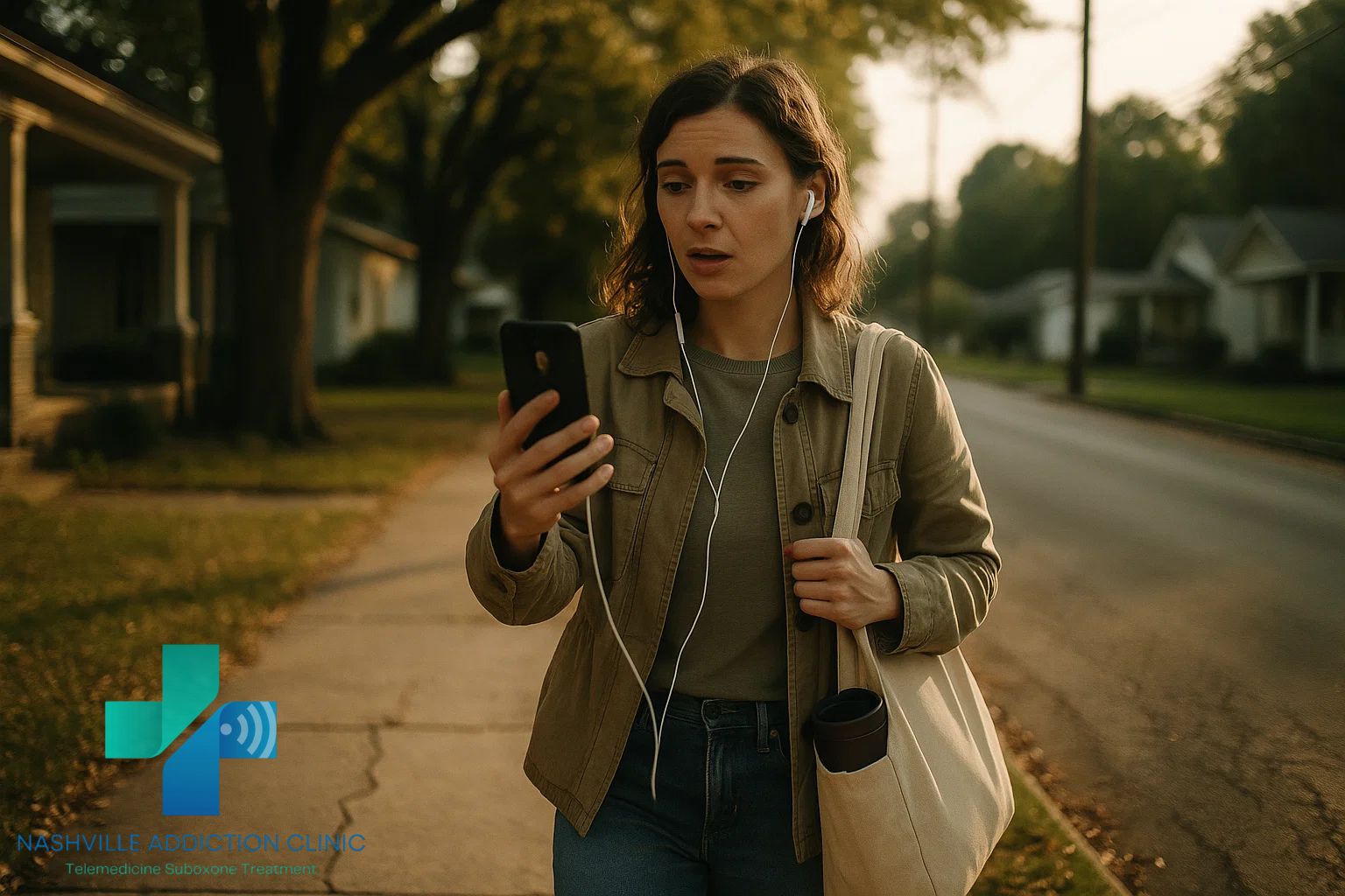 Woman in Tennessee walking during golden hour while on a telehealth call for guidance on how to taper off kratom safely.