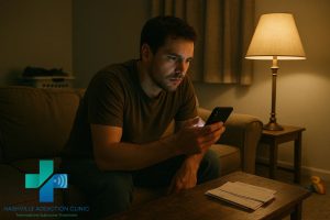 Man in his 30s on a couch during a telehealth appointment for kratom recovery, surrounded by household items symbolizing real-life struggles and hope for change.