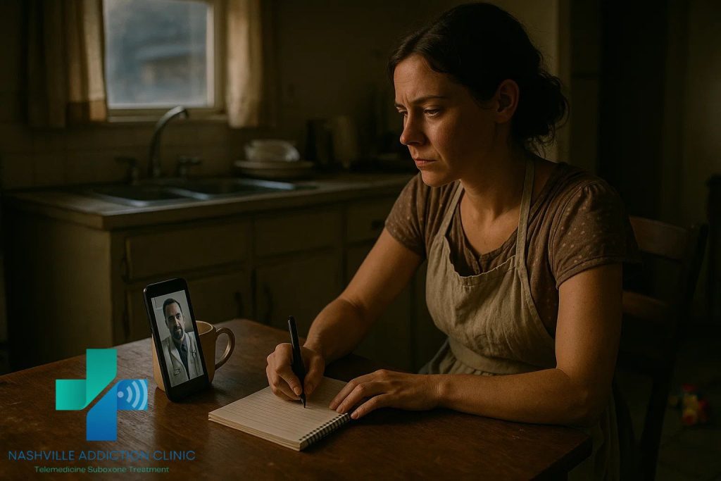Woman in a Tennessee kitchen using her phone for a virtual Suboxone appointment, symbolizing kratom addiction help near me.