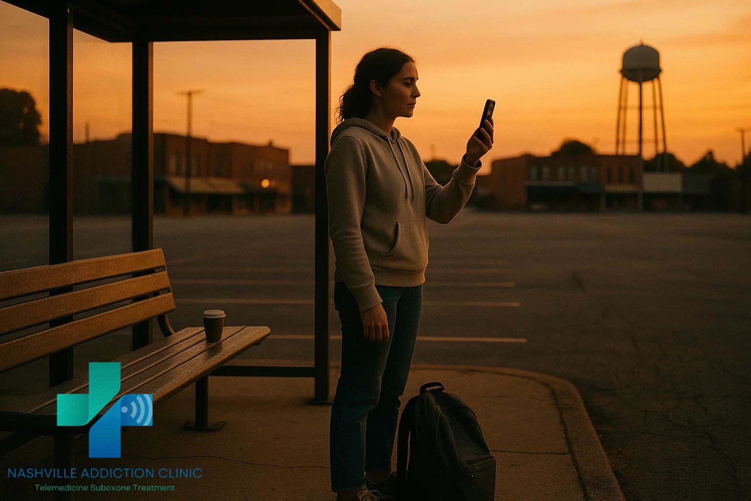 Woman in hoodie at small-town bus stop during sunset using telehealth for kratom addiction treatment with Nashville Virtual MAT Clinic.