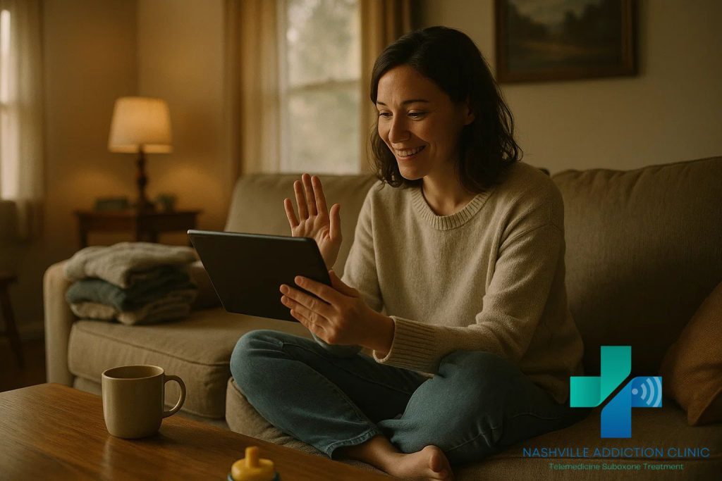 Woman in Tennessee attending a virtual Kratom recovery support group on her tablet in a warm, sunlit living room.