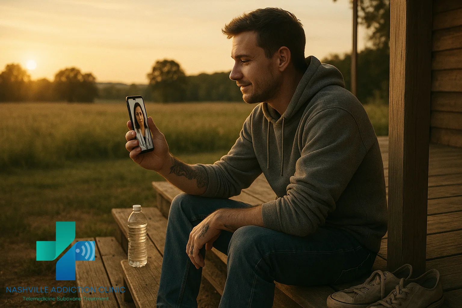 Man on porch attending virtual Suboxone telehealth session for Kratom rehab in Tennessee.