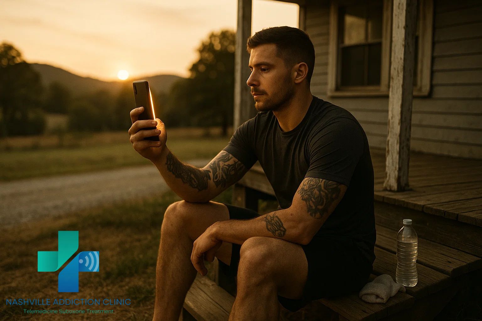 Man with tattoos in athletic wear on a rustic porch using smartphone for virtual addiction treatment, symbolizing hope and resilience with kratom withdrawal home remedies.