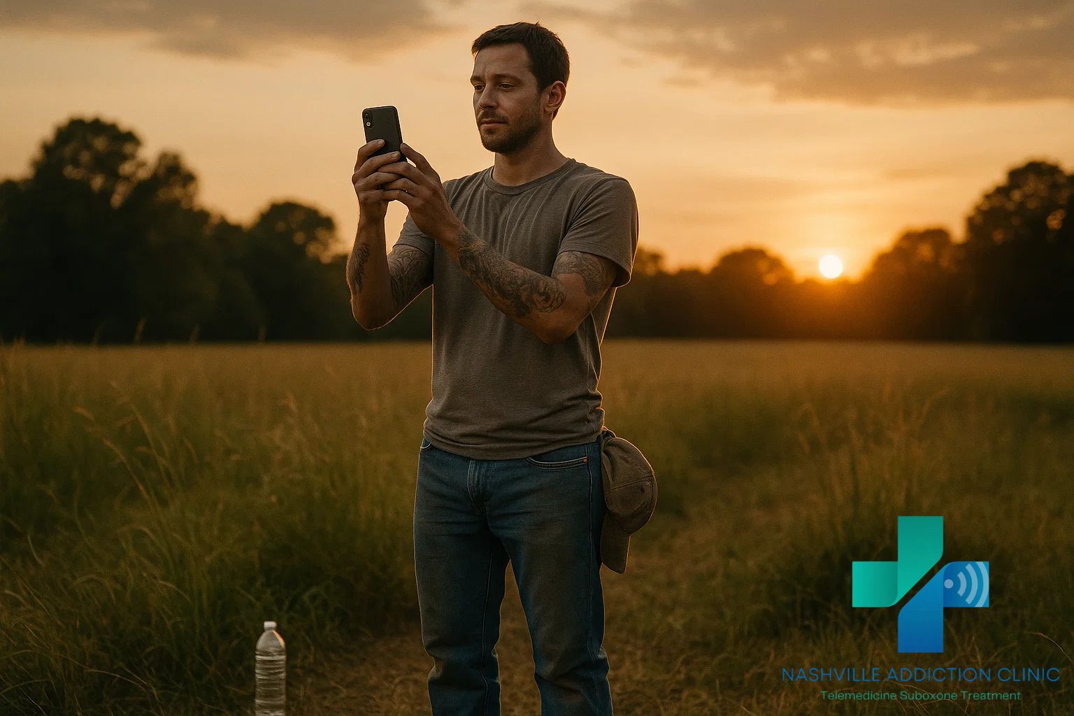 Man in a Tennessee field at golden hour holding a smartphone for a telehealth appointment, representing kratom withdrawal recovery and resilience.