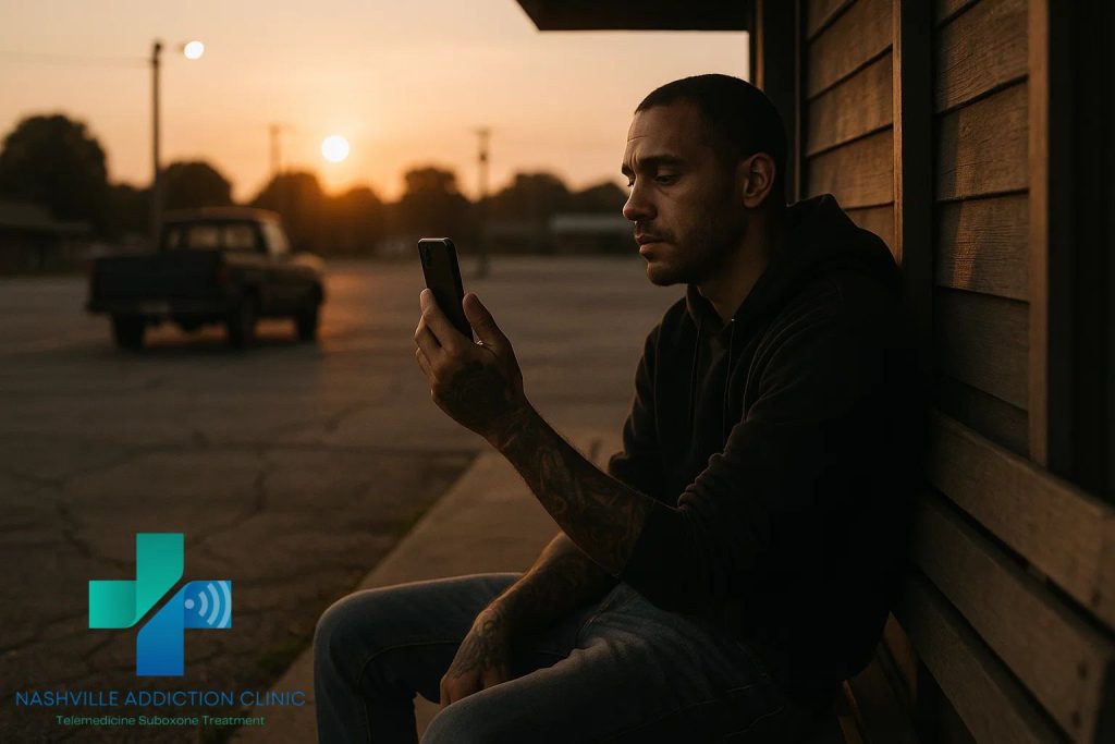 Man attending a telehealth addiction treatment session at sunset while managing kratom withdrawal symptoms day by day.