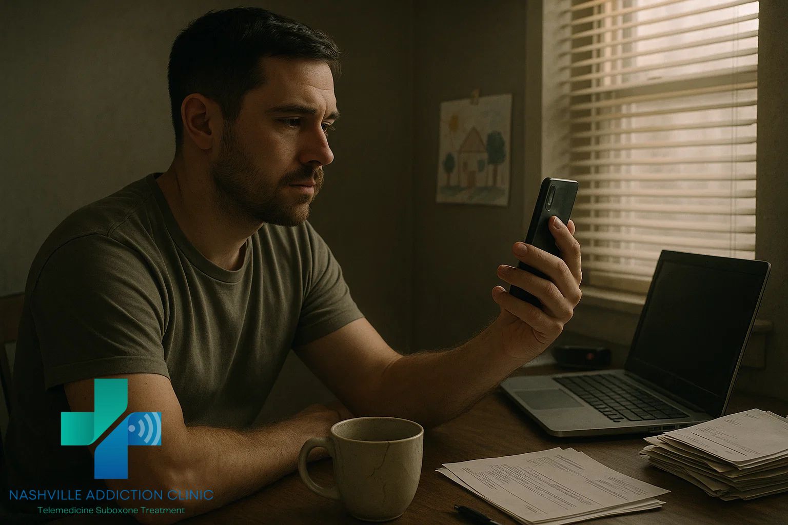 Man in home office using telehealth to learn about natural remedies for kratom withdrawal, symbolizing hope and recovery.