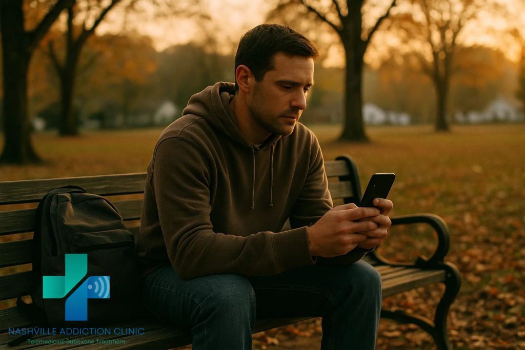 Man in Tennessee having a telemedicine Suboxone appointment on his phone during golden hour, symbolizing hope and recovery.