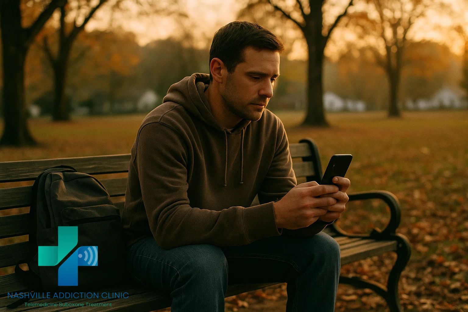 Man in Tennessee having a telemedicine Suboxone appointment on his phone during golden hour, symbolizing hope and recovery.
