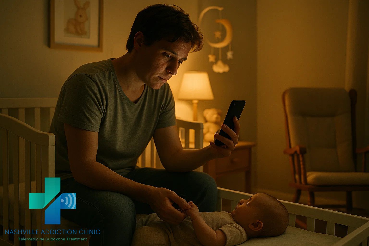 Young parent holding baby’s hand during an online Subutex telehealth appointment, symbolizing family-centered recovery and hope in Tennessee.