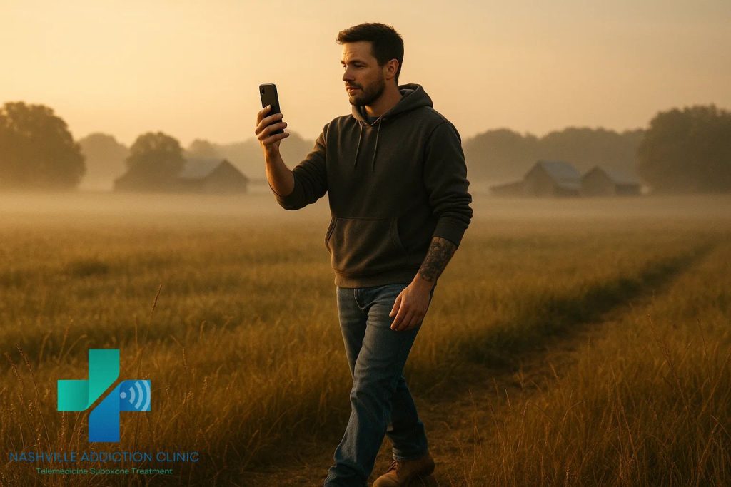 Man walking through a golden Tennessee field at sunrise, symbolizing hope and recovery from kratom addiction through TeleMAT treatment.