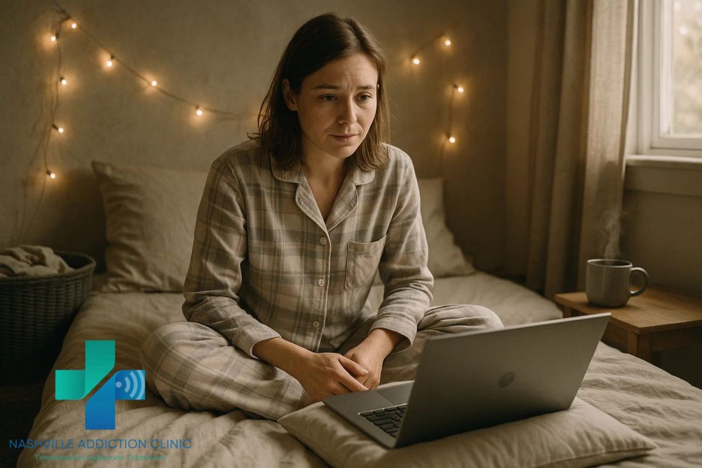 Young woman in pajamas on her bed having a telehealth appointment with a Suboxone Online Dr for addiction recovery.