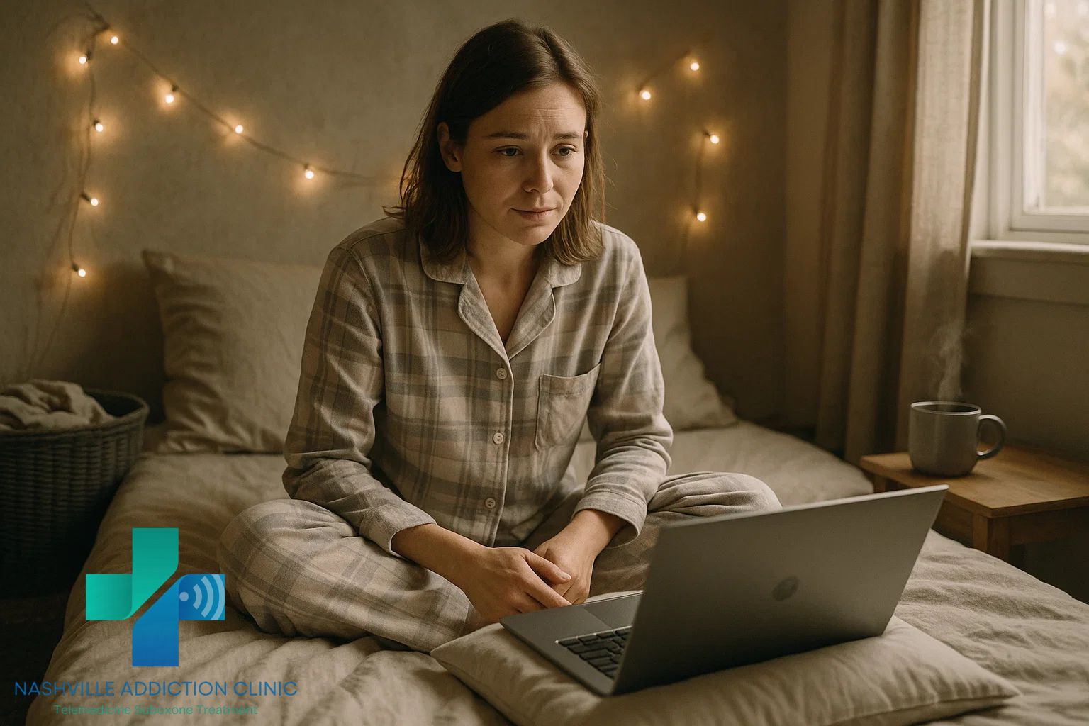 Young woman in pajamas on her bed having a telehealth appointment with a Suboxone Online Dr for addiction recovery.