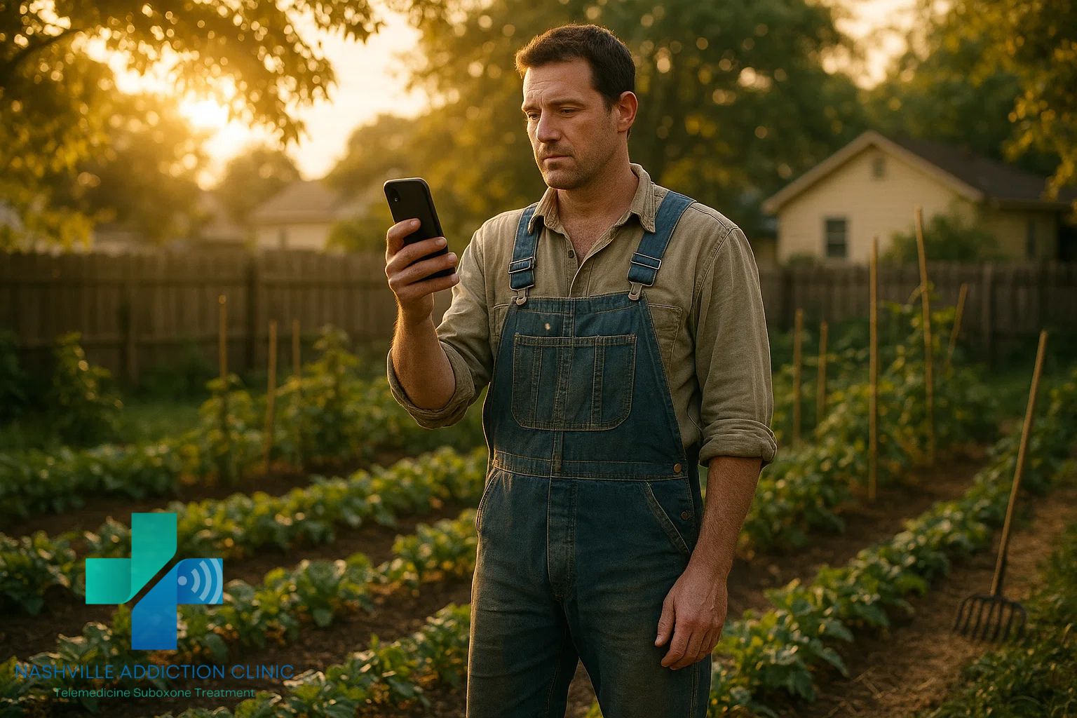 Man in work clothes attending a Suboxone script online telehealth session from his garden in rural Tennessee.