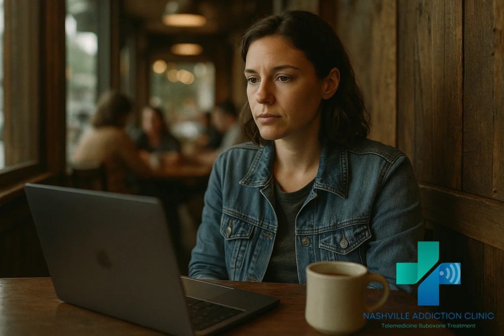 Woman in Tennessee café attending online Subutex telehealth appointment with Nashville Addiction Clinic through TeleMAT.