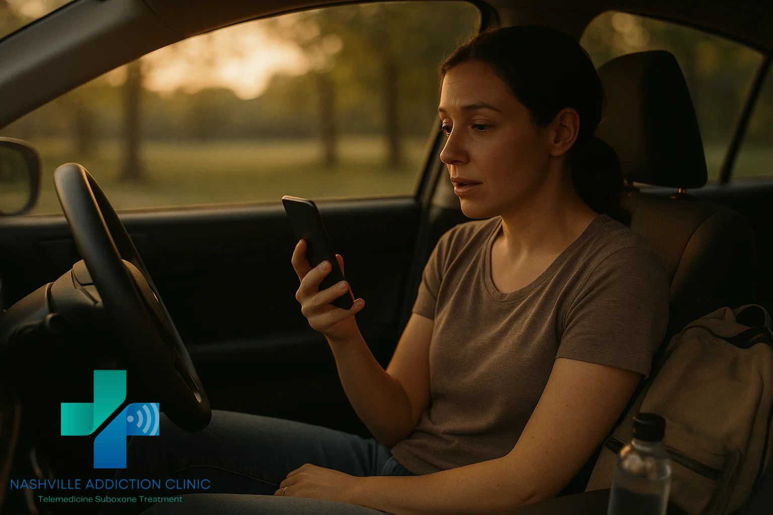 Woman in car attending an online Subutex treatment TeleMAT session at sunset, symbolizing hope and privacy in addiction recovery.