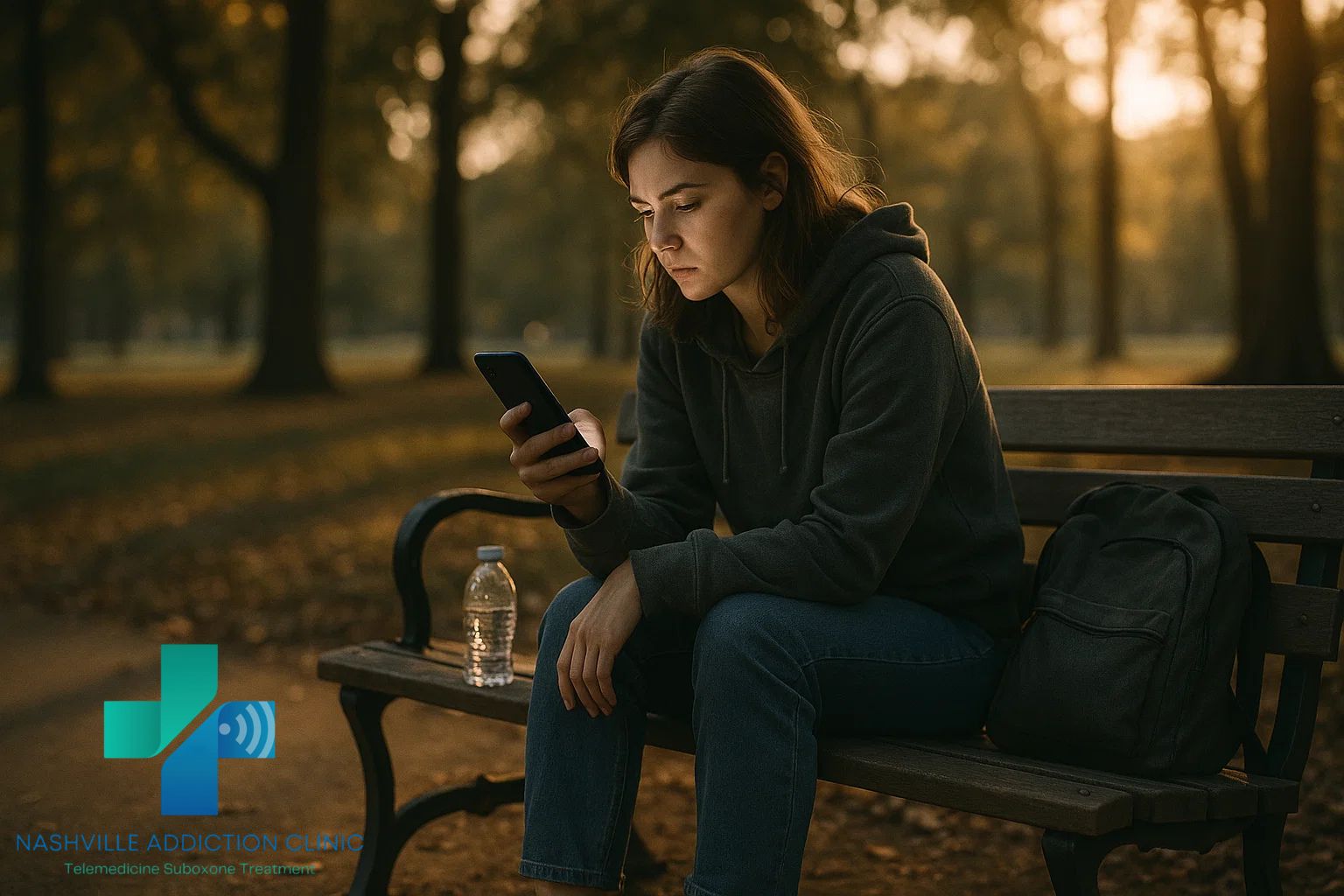 Young woman on a park bench in Tennessee using her smartphone for a virtual telehealth session for treatment for kratom withdrawal.