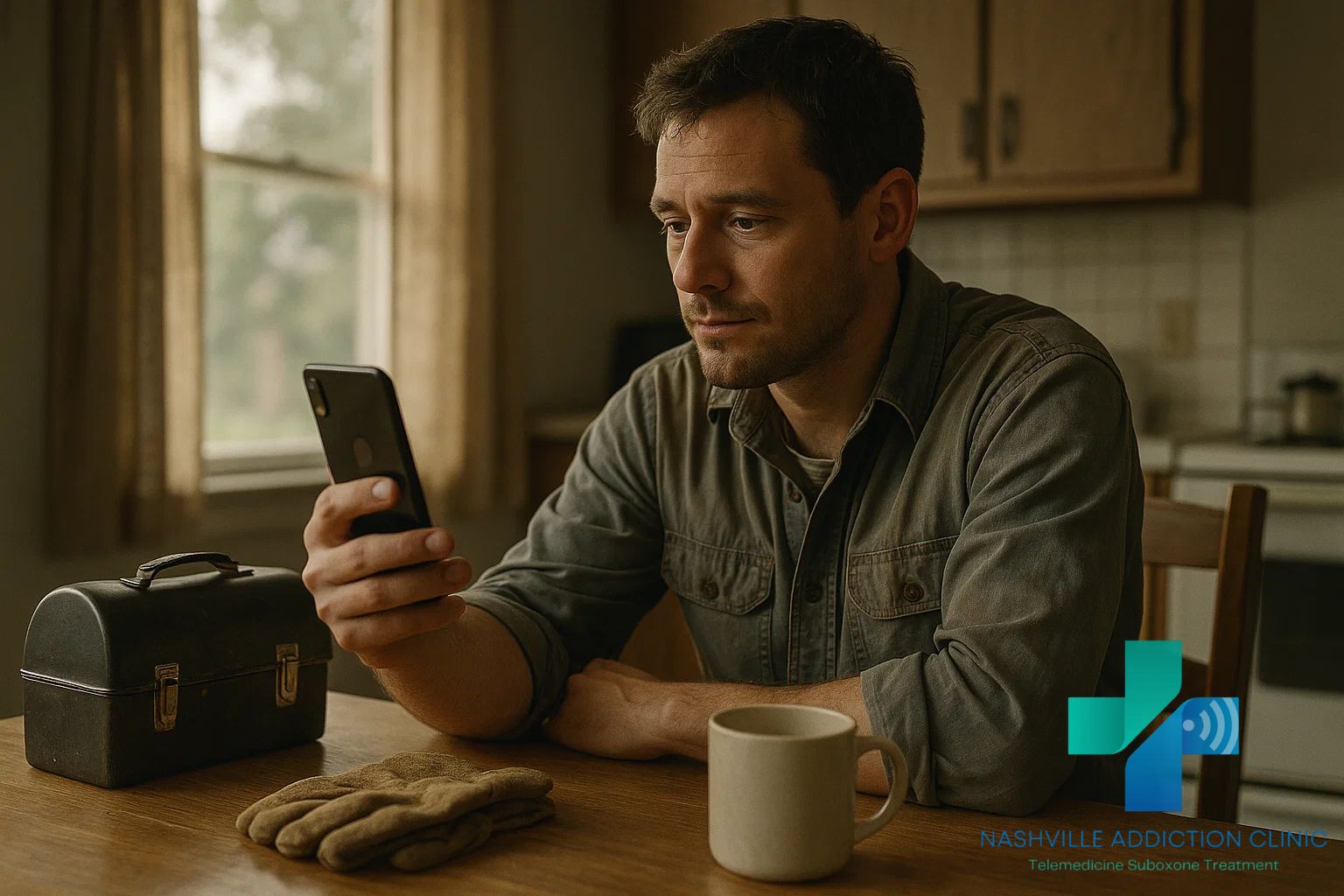 Working-class Tennessee father attending a virtual Suboxone treatment session on his phone at his kitchen table.