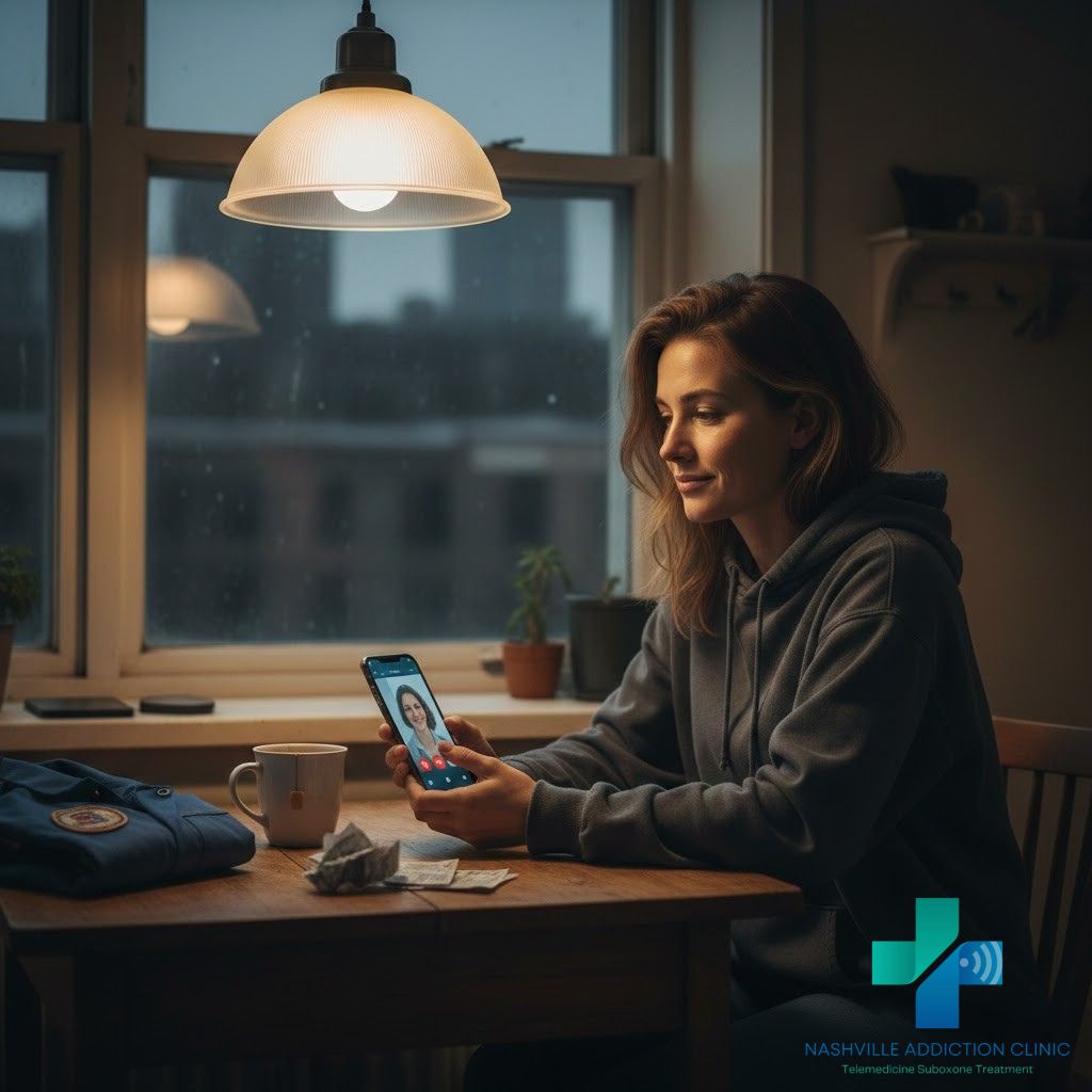 Young woman attending a nighttime telehealth appointment with accredited virtual Suboxone doctors in Tennessee from her kitchen