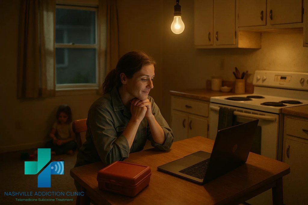 Mother attending a telehealth Suboxone session with her child, symbolizing hope and recovery from opioid addiction.