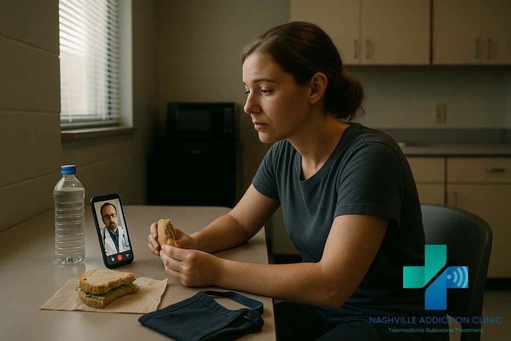 Woman in a Tennessee workplace break room attending an affordable online Suboxone appointment on her smartphone.