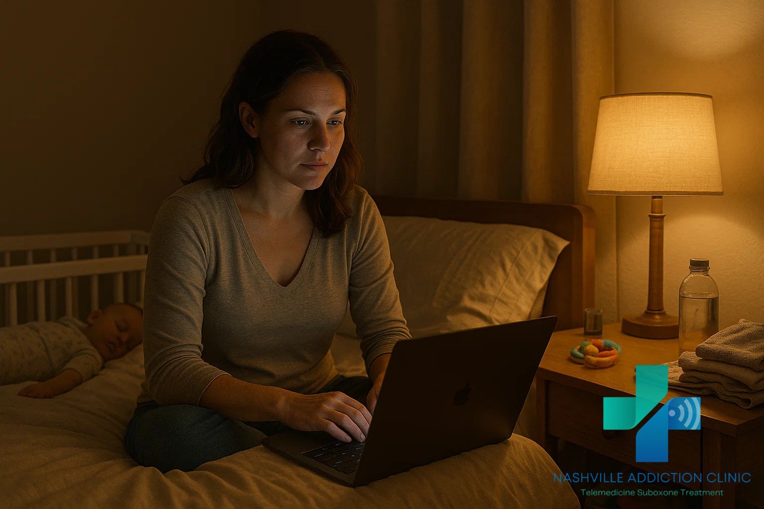 Tennessee mother attending a Suboxone telehealth session from her bedroom while her baby sleeps, symbolizing hope and recovery through Medicaid coverage.
