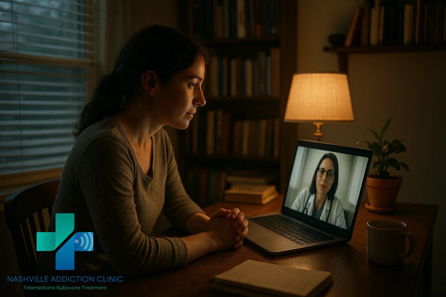 Woman in Tennessee attending an online Suboxone appointment from her home study through Nashville Addiction Clinic’s TeleMAT program.