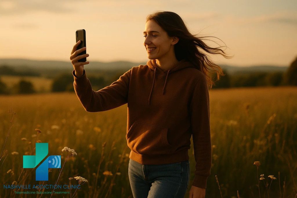 Woman walking through a Tennessee field during a telehealth Suboxone appointment, symbolizing freedom from opioid addiction.
