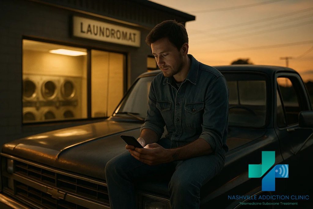 Man attending virtual Suboxone appointment from his truck at sunset in a rural Tennessee parking lot, symbolizing courage and recovery.