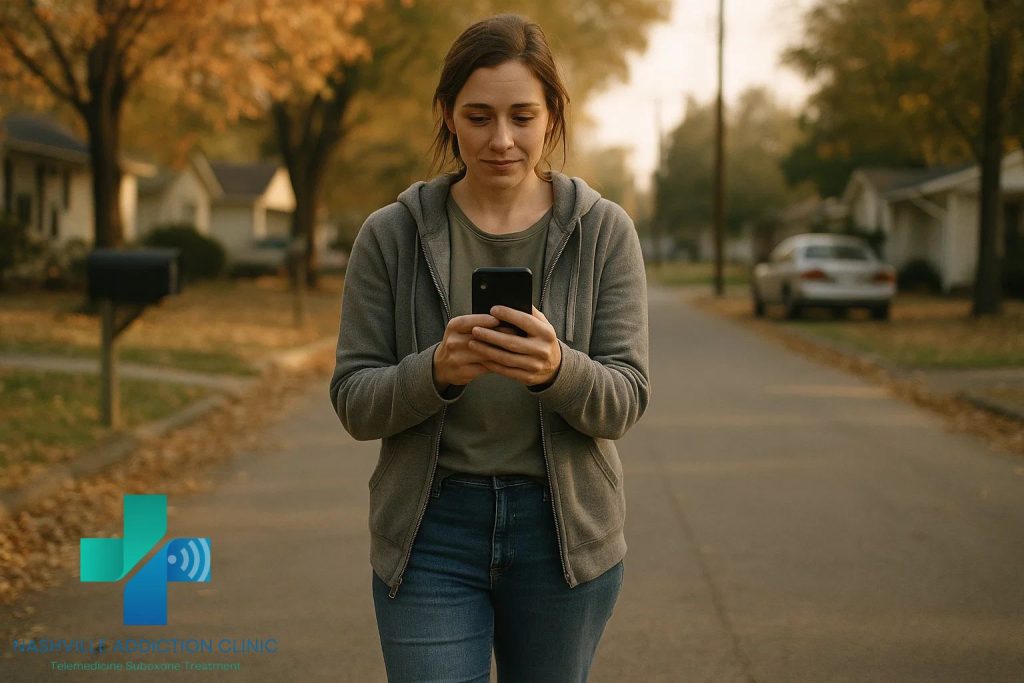 Young woman in Tennessee walking at sunset during a virtual Suboxone telehealth call, symbolizing accessible and hopeful addiction recovery.