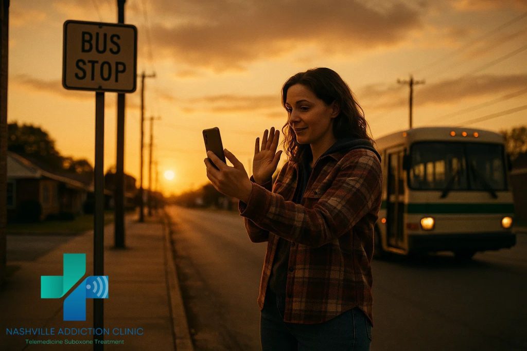 Woman attending telehealth Suboxone treatment at a Morristown bus stop during sunset, representing accessible same-day recovery care.
