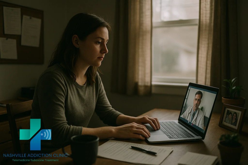 Young woman attending an online buprenorphine treatment telehealth appointment from her Tennessee home office in early morning light.