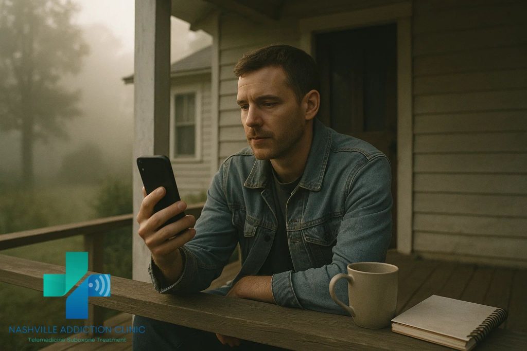 Young man in rural Tennessee using his phone for an online opioid treatment session, symbolizing hope and recovery.