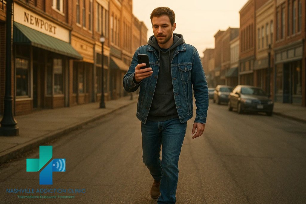 Man walking on a Newport, TN street while attending a same day Suboxone telehealth appointment on his smartphone.