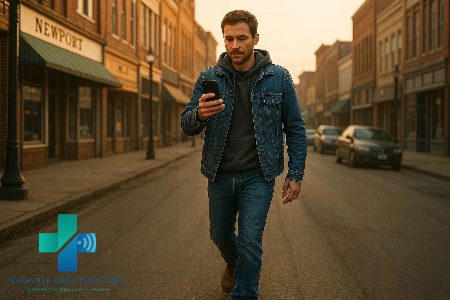 Man walking on a Newport, TN street while attending a same day Suboxone telehealth appointment on his smartphone.