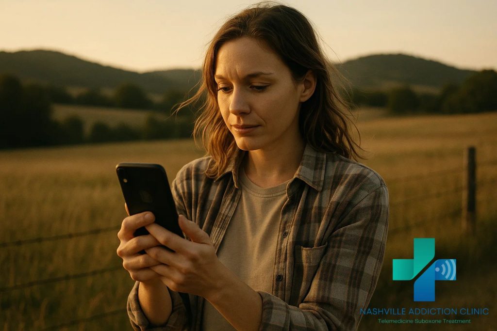 Young woman in a rural Tennessee field at golden hour taking a Suboxone telehealth call, symbolizing relief and freedom through suboxone now treatment.