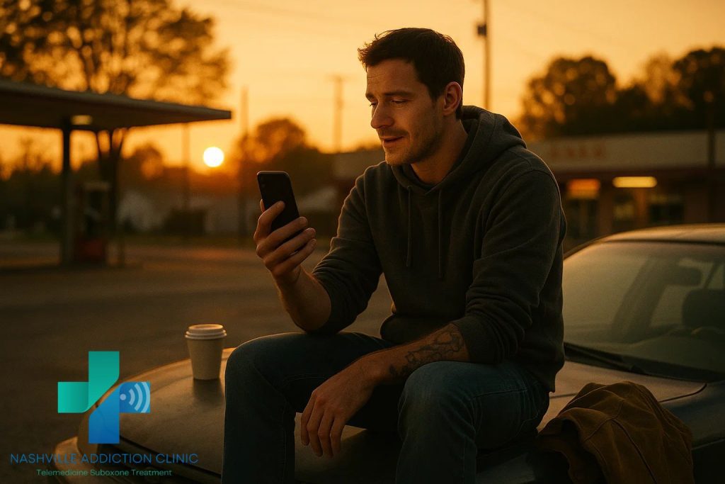 Man in his 30s sitting on his car in rural Tennessee at sunset, attending a Subutex DR Online telehealth appointment on his smartphone, symbolizing accessible opioid recovery.