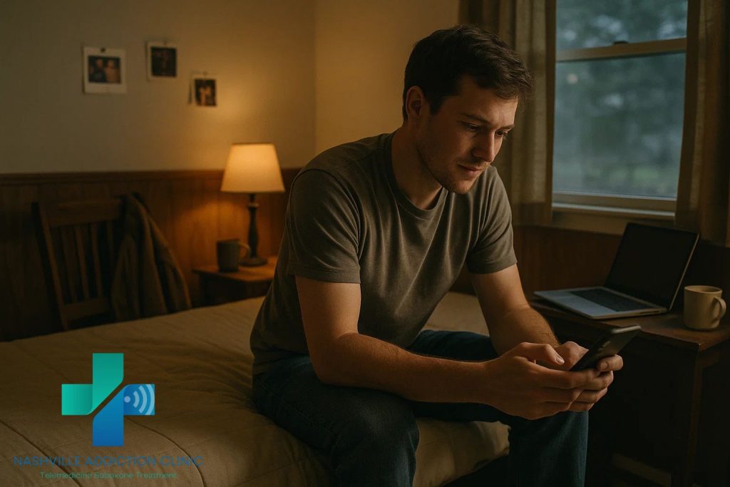 Young man in Tennessee on bed during evening telemedicine Suboxone treatment, showing comfort and determination with Nashville Addiction Clinic’s virtual care.