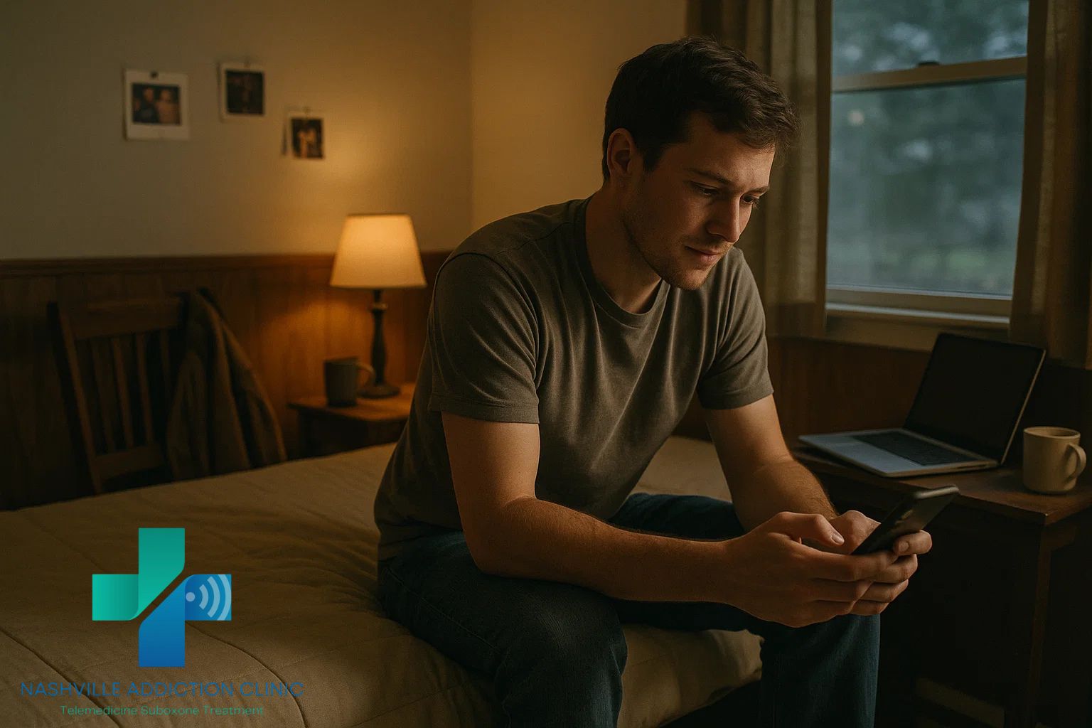 Young man in Tennessee on bed during evening telemedicine Suboxone treatment, showing comfort and determination with Nashville Addiction Clinic’s virtual care.