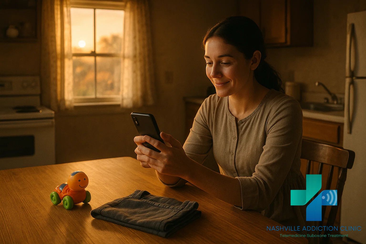 Tennessee mother using smartphone for telemedicine appointment to start Alvogen Suboxone treatment.