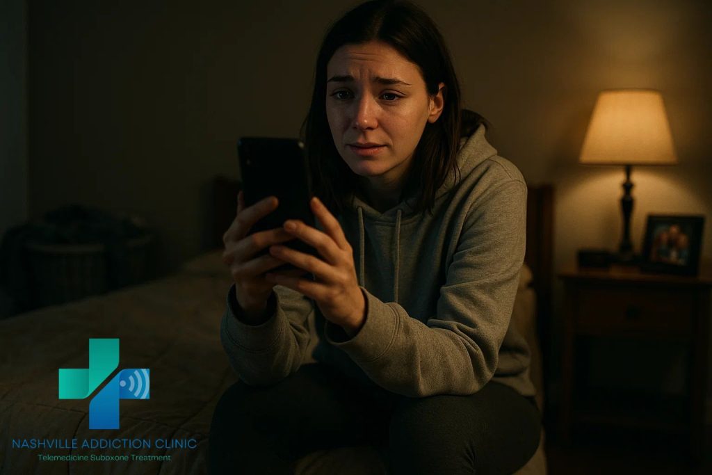 Tennessee woman attending a Suboxone telehealth appointment from her bedroom, symbolizing courage and recovery.