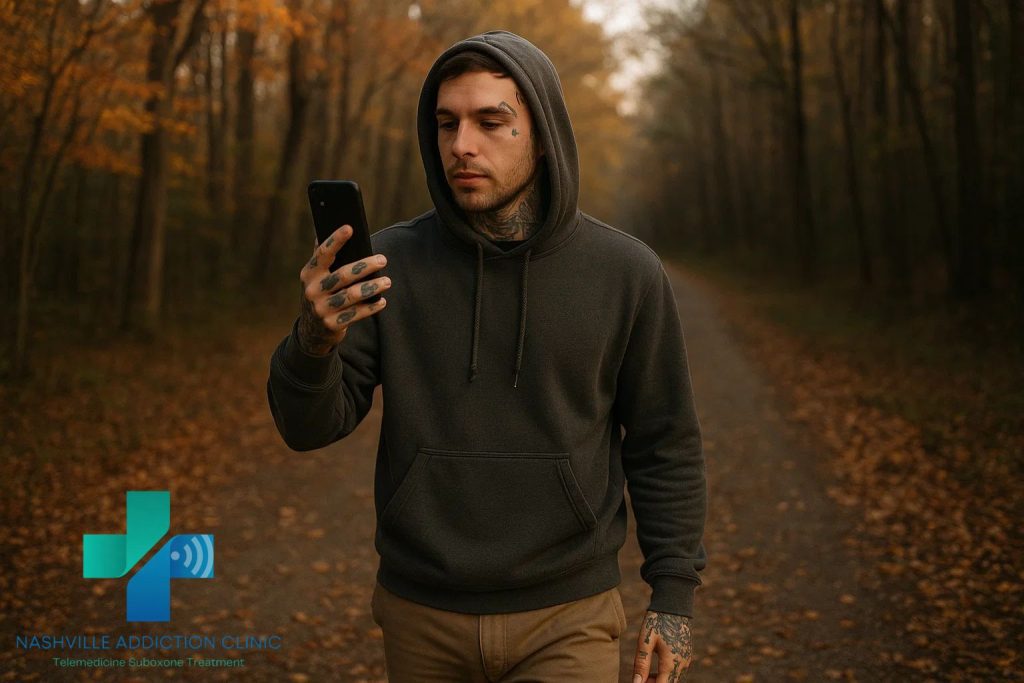 Tennessee man walking outdoors while continuing Suboxone treatment, symbolizing hope and recovery from opioid addiction.