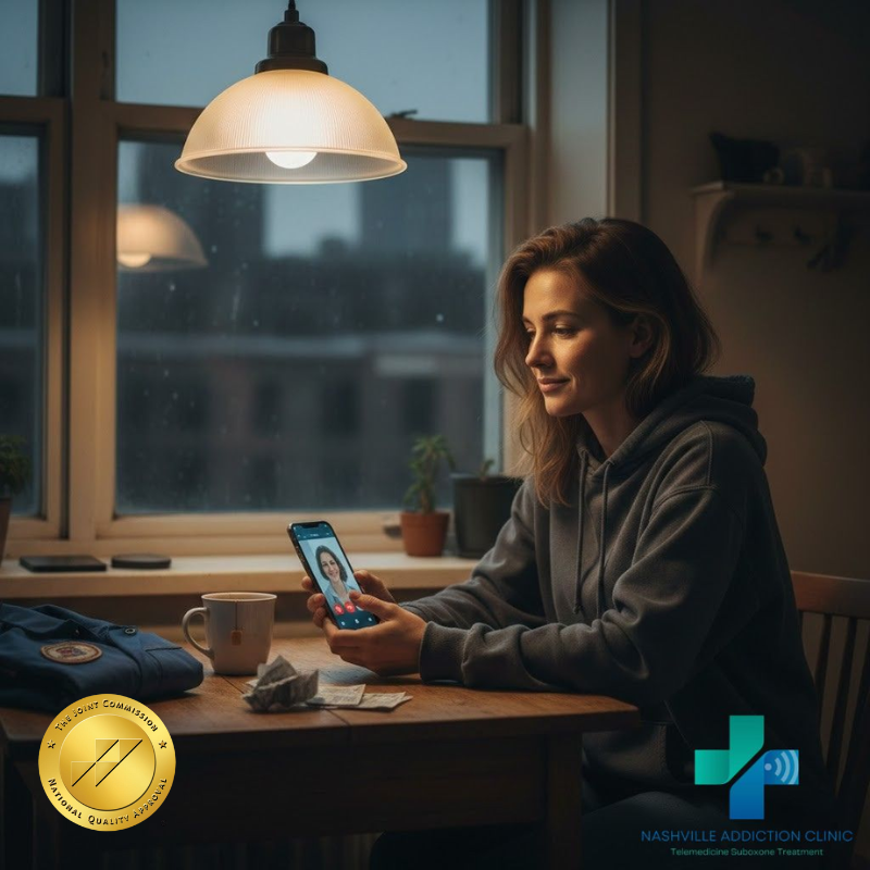 Young woman attending a nighttime telehealth appointment with accredited virtual Suboxone doctors in Tennessee from her kitchen
