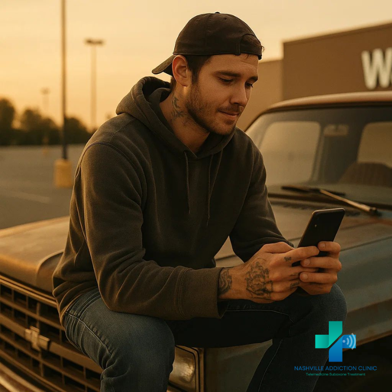Tennessee man attending a telehealth appointment, learning the difference between Suboxone and Subutex, symbolizing hope in recovery.