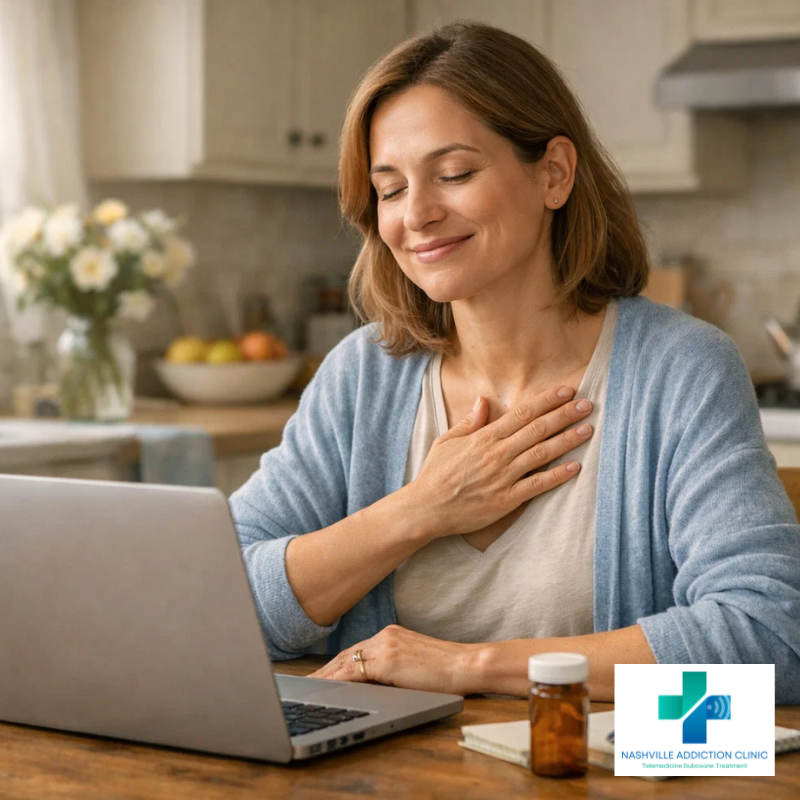 A woman expresses her relief from opioid withdrawal symptoms thanks to a Suboxone telemedicine appointment with Nashville Addiction Clinic