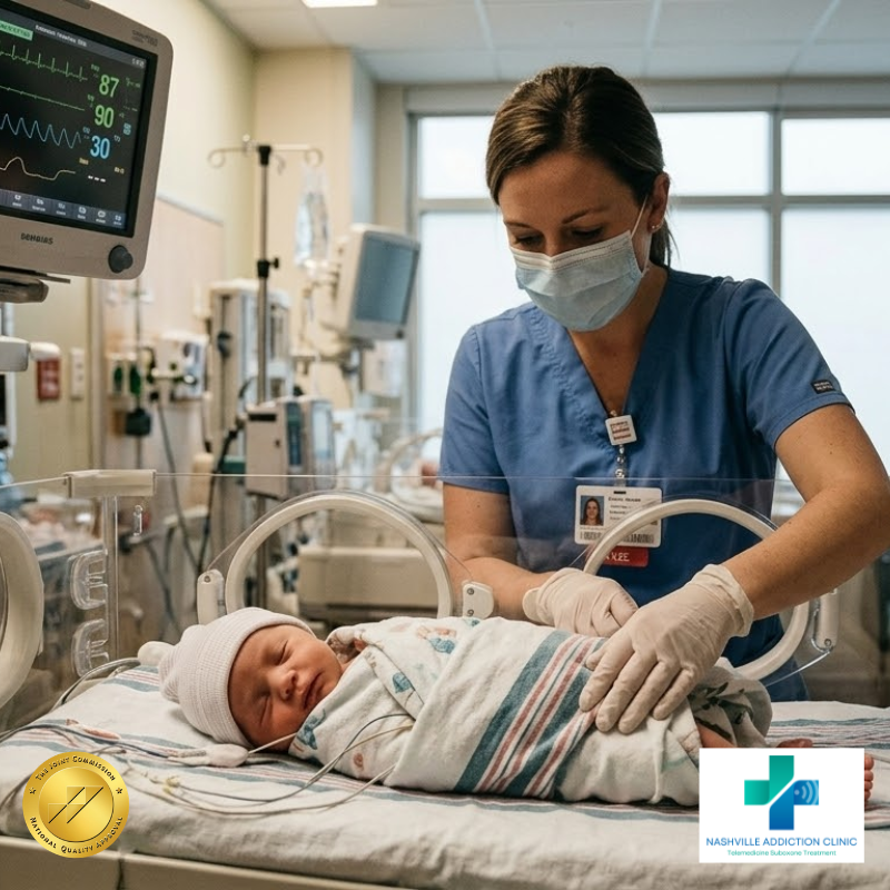 Newborn experiencing withdrawal symptoms being cared for by medical staff